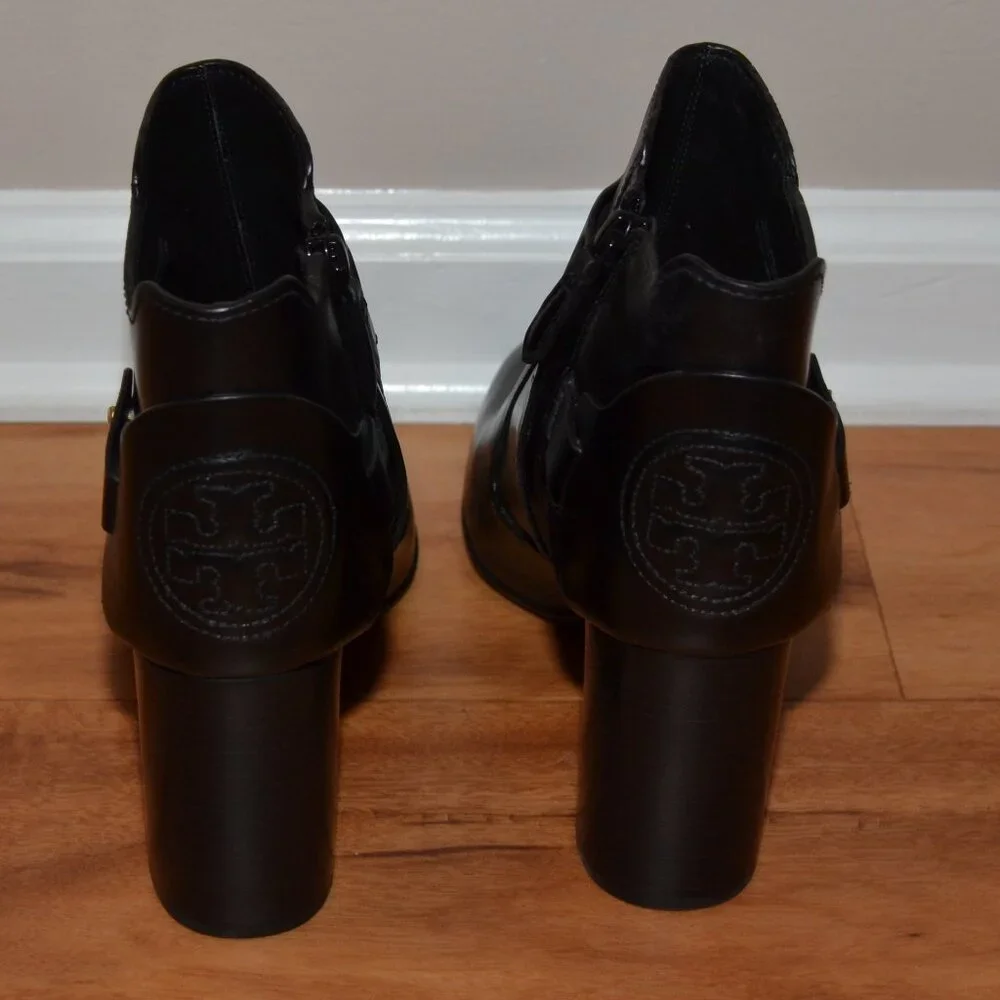 Tory Burch NEW Black Colton Leather Heeled Big Logo Side zip Bootie sz 10
